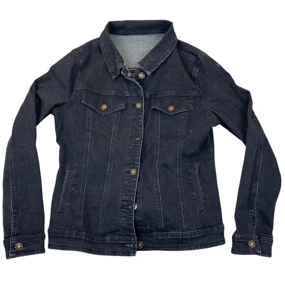 Women's Black Denim Jean Jacket Medium Stretch Fitted Classic Button Y2K - Picture 1 of 12